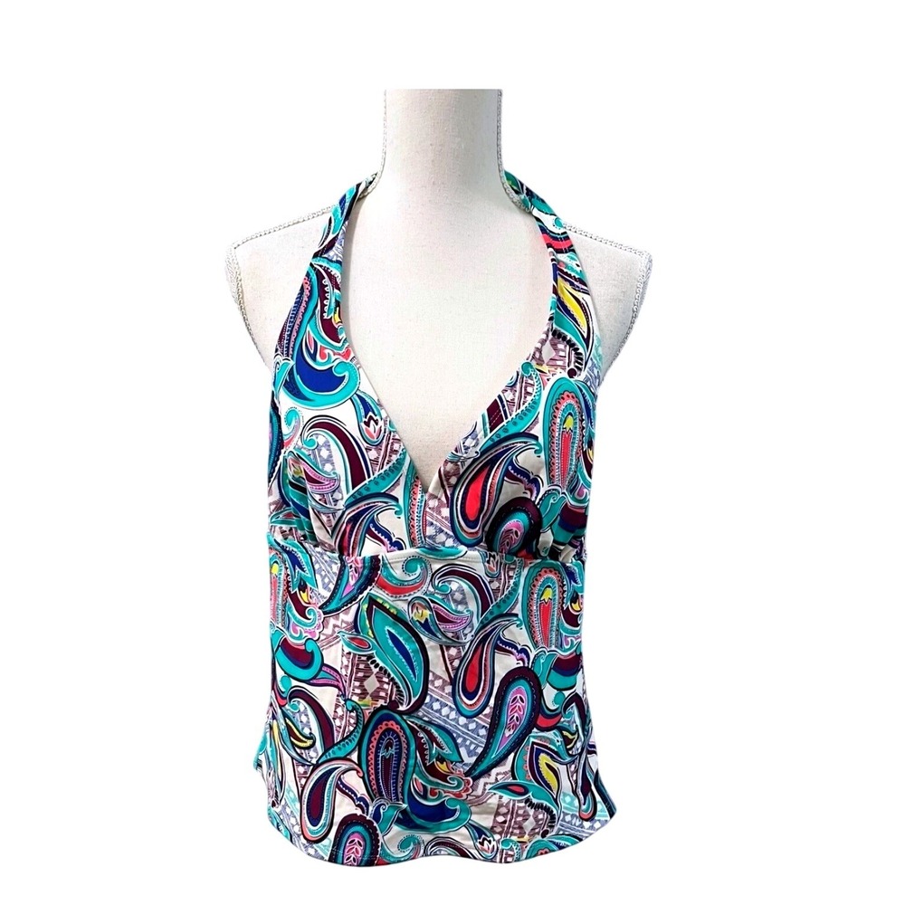 Catalina Women Small 4-6 Paisley Halter Tankini‎ Top Multicolor V-Neck Swimwear